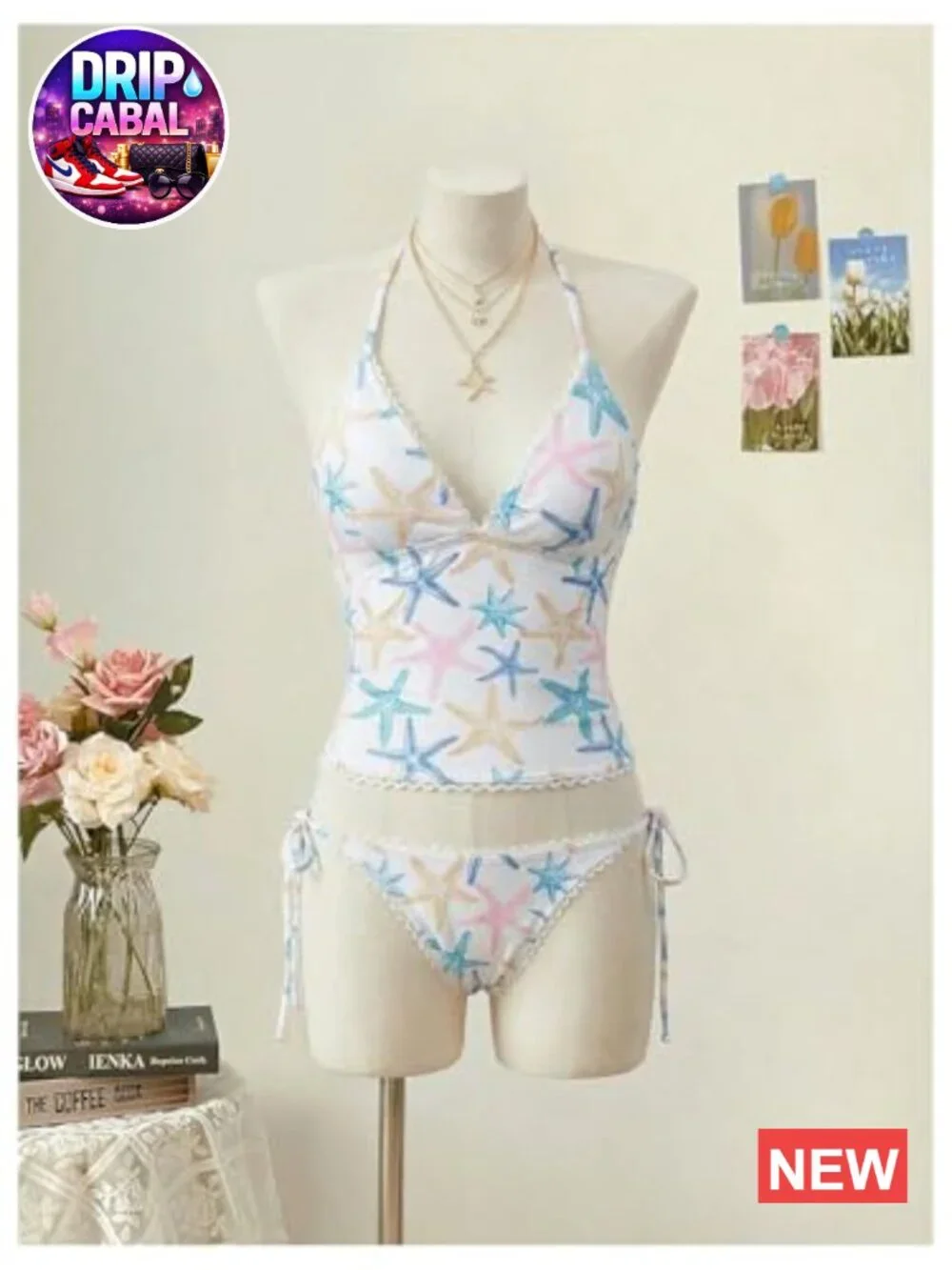 Women's Graphic Print Halter Tankini Set with Tie Side